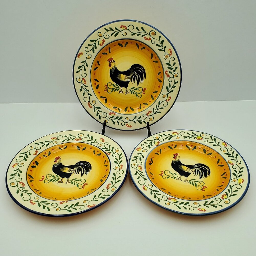 Signature Living Cali Rooster Salad Plates Floral Rim Chicken Dessert Plates